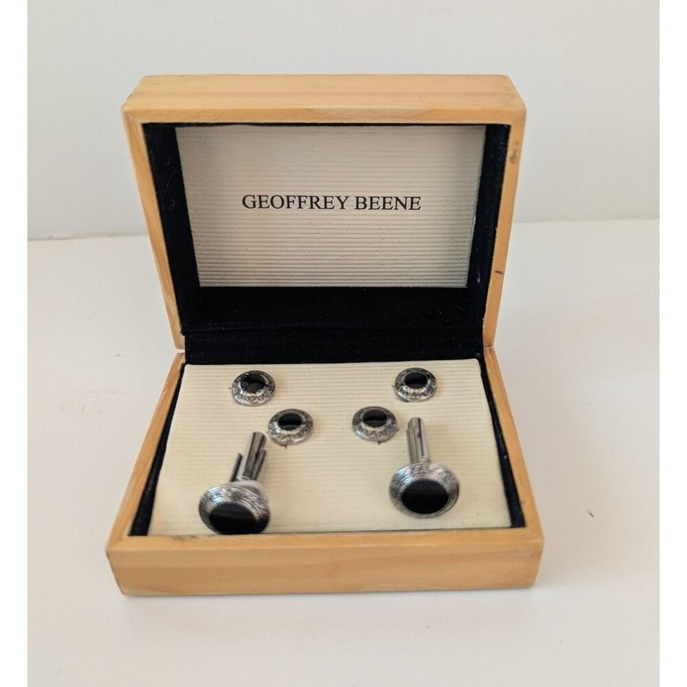 Geoffrey Beene Cuffinks & 4 Studs Dress Shirt Set Silver Plated & Black